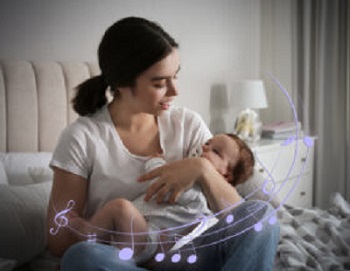 Photo d'une maman avec un bébé dans les bras et des notes de musique